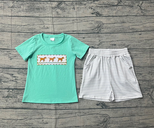 preorder Samples BSSO1688 Cute Dog Green Short Sleeve Striped Shorts Boys Set