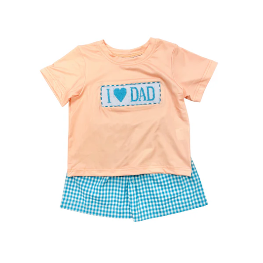 preorder BSSO1690 I Love Dad Orange Short Sleeve Blue Checkered Shorts Boys Set