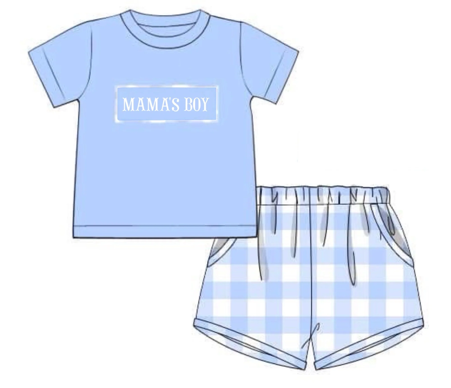 preorder BSSO1691 Mama's Boy Blue Short Sleeve Blue Checkered Shorts Boys Set