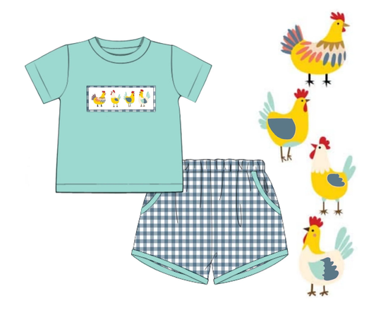 preorder BSSO1693 Cute Chick Short Sleeve Checkered Shorts Boys Set