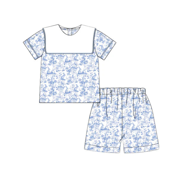 preorder BSSO1694 Easter Bunny Rabbit Blue Short Sleeve Shorts Boys Set