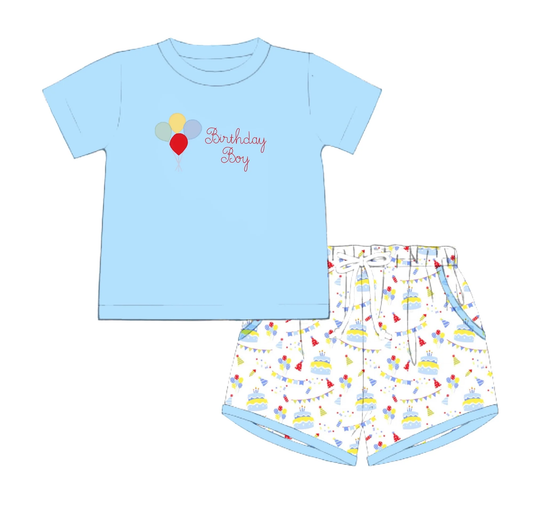 preorder BSSO1695 Birthday Day Balloon Blue Short Sleeve Shorts Boys Set
