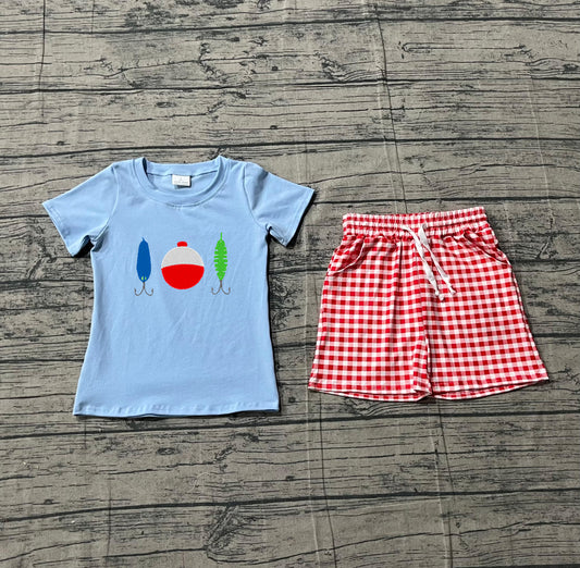 preorder Samples BSSO1699 Fishing Blue Short Sleeve Red Checkered Shorts Boys Set