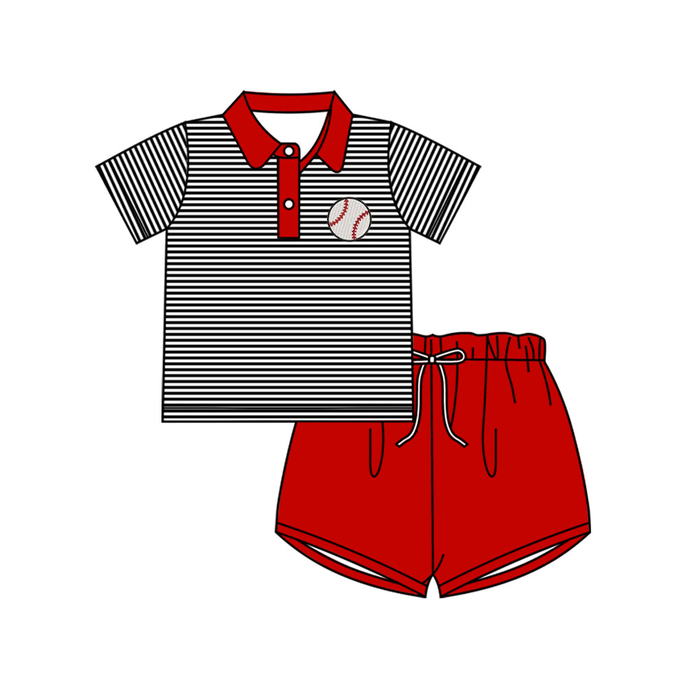 preorder BSSO1701 Baseball Striped Short Sleeve Red Shorts Boys Set
