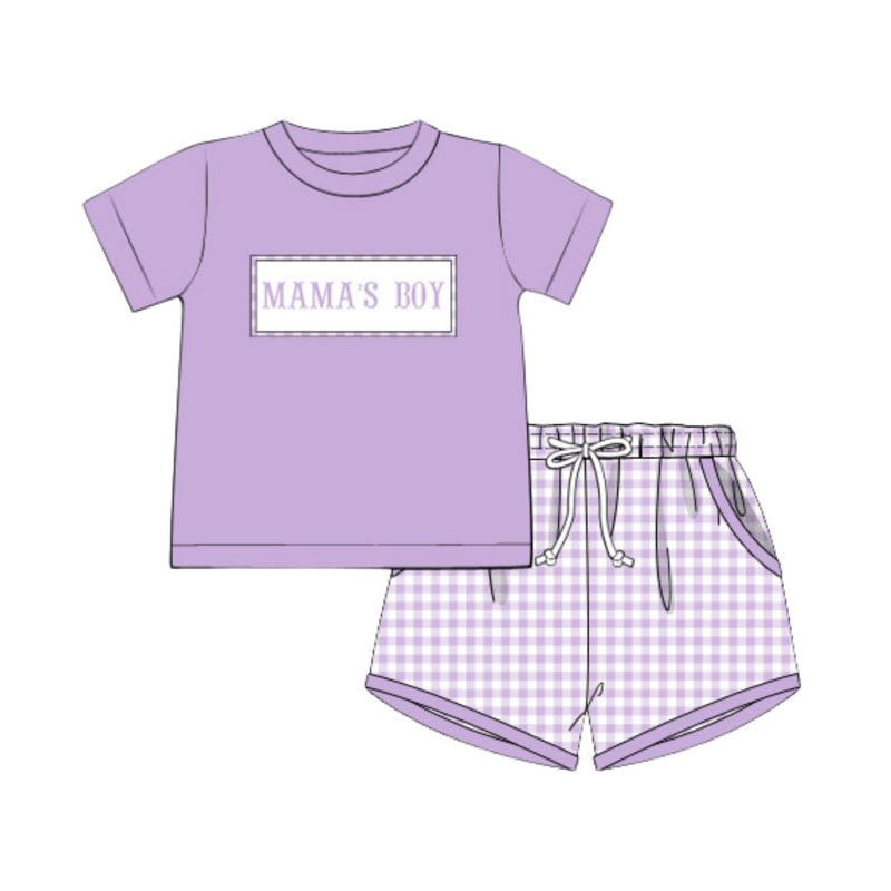 preorder BSSO1703 Mama's Boy Purple Short Sleeve Checkered Shorts Boys Set