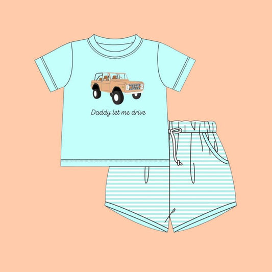 preorder BSSO1704 Daddy Let Me Drive Car Short Sleeve Striped Shorts Boys Set