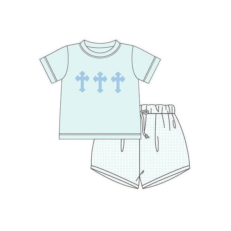 preorder BSSO1706 Easter Cross Light Blue Short Sleeve Shorts Boys Set