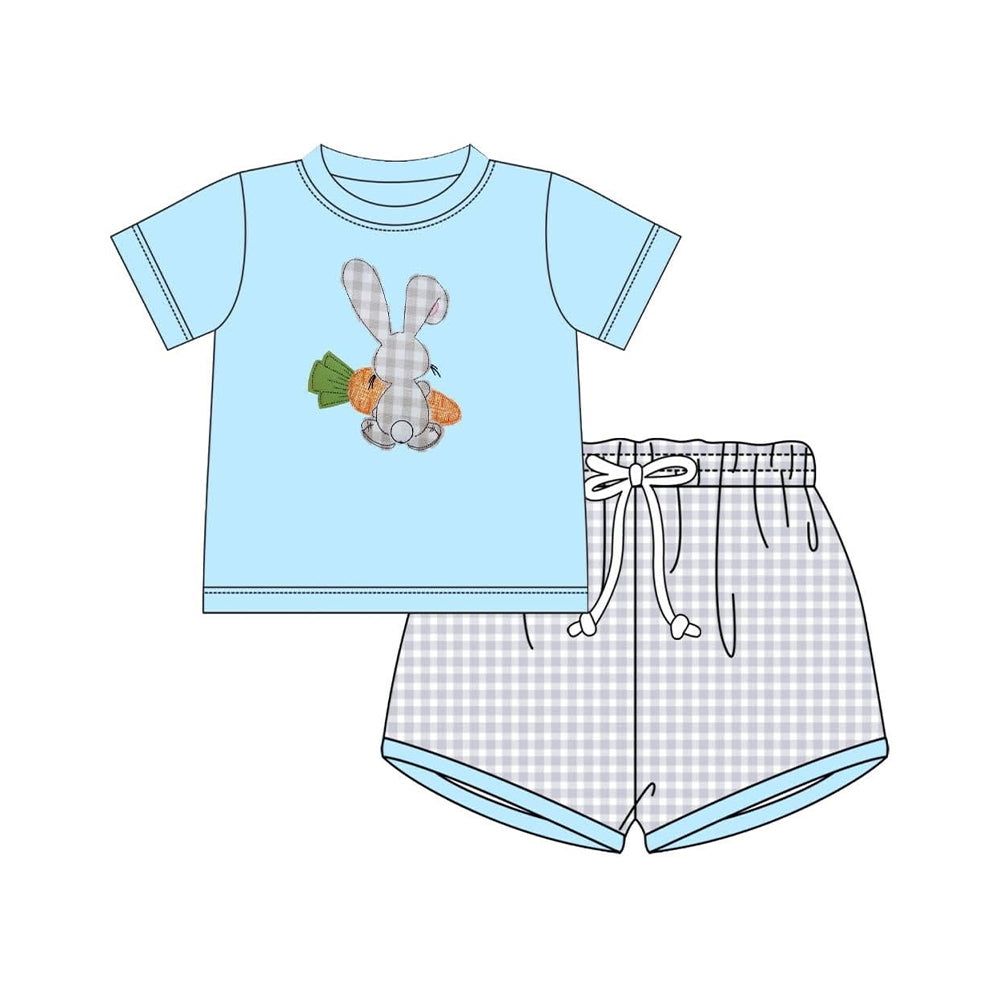 preorder BSSO1707 Easter Rabbit Carrot Light Blue Short Sleeve Shorts Boys Set
