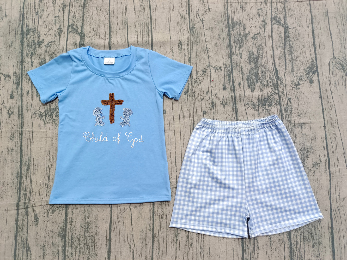 preorder Samples BSSO1714 Easter Cross Child Of God Blue Short Sleeve Checkered Shorts Boys Set