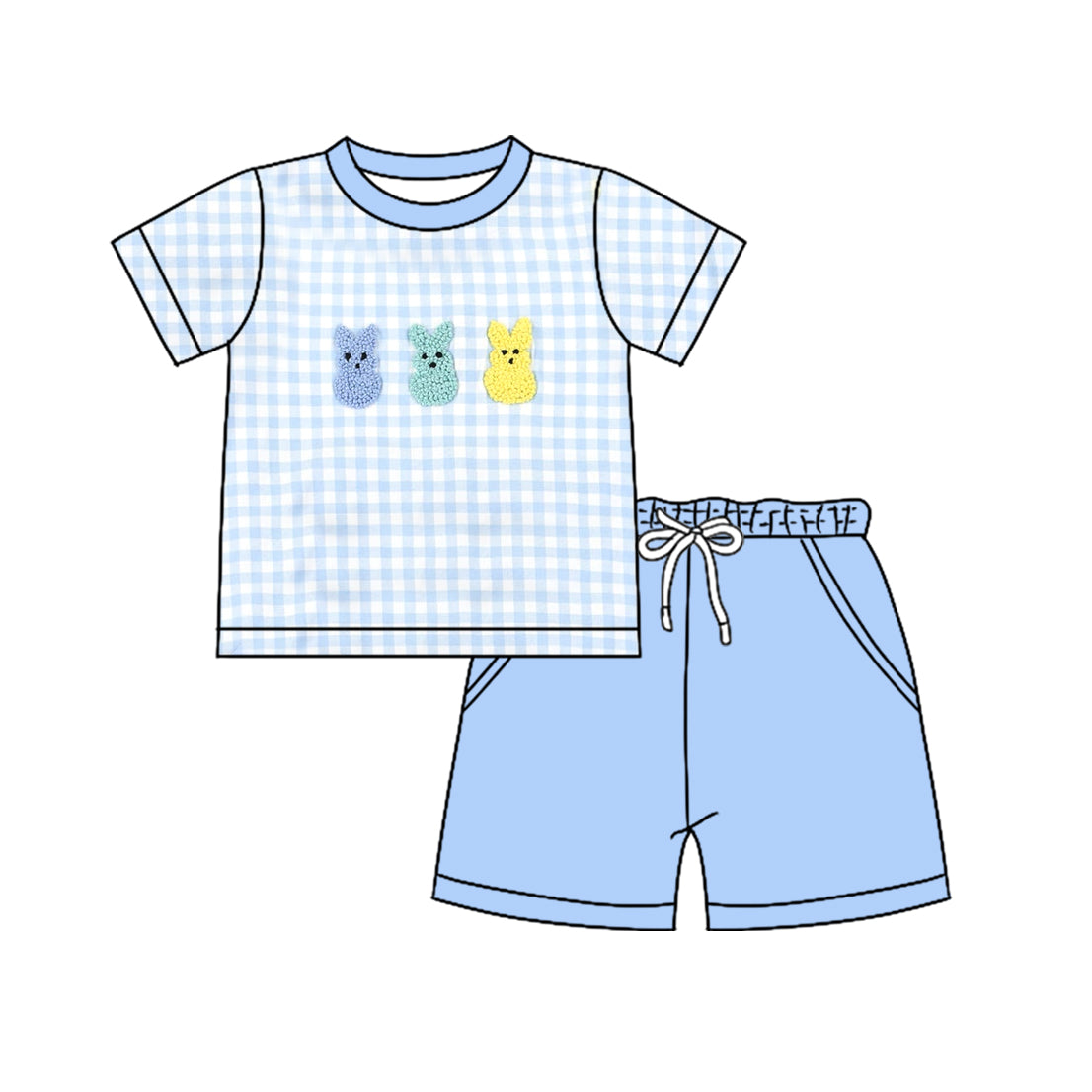 preorder BSSO1715 Easter Bunny Rabbit Blue Checkered Short Sleeve Shorts Boys Set