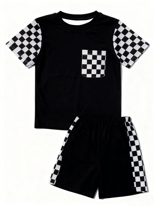 preorder BSSO1739 Black Checkered Pocket Short Sleeve Shorts Boys Set