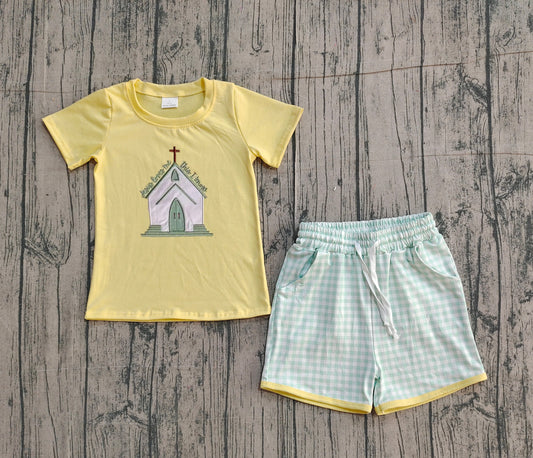preorder Samples BSSO1740 Easter Cross House Short  Sleeve Shorts Boys Set