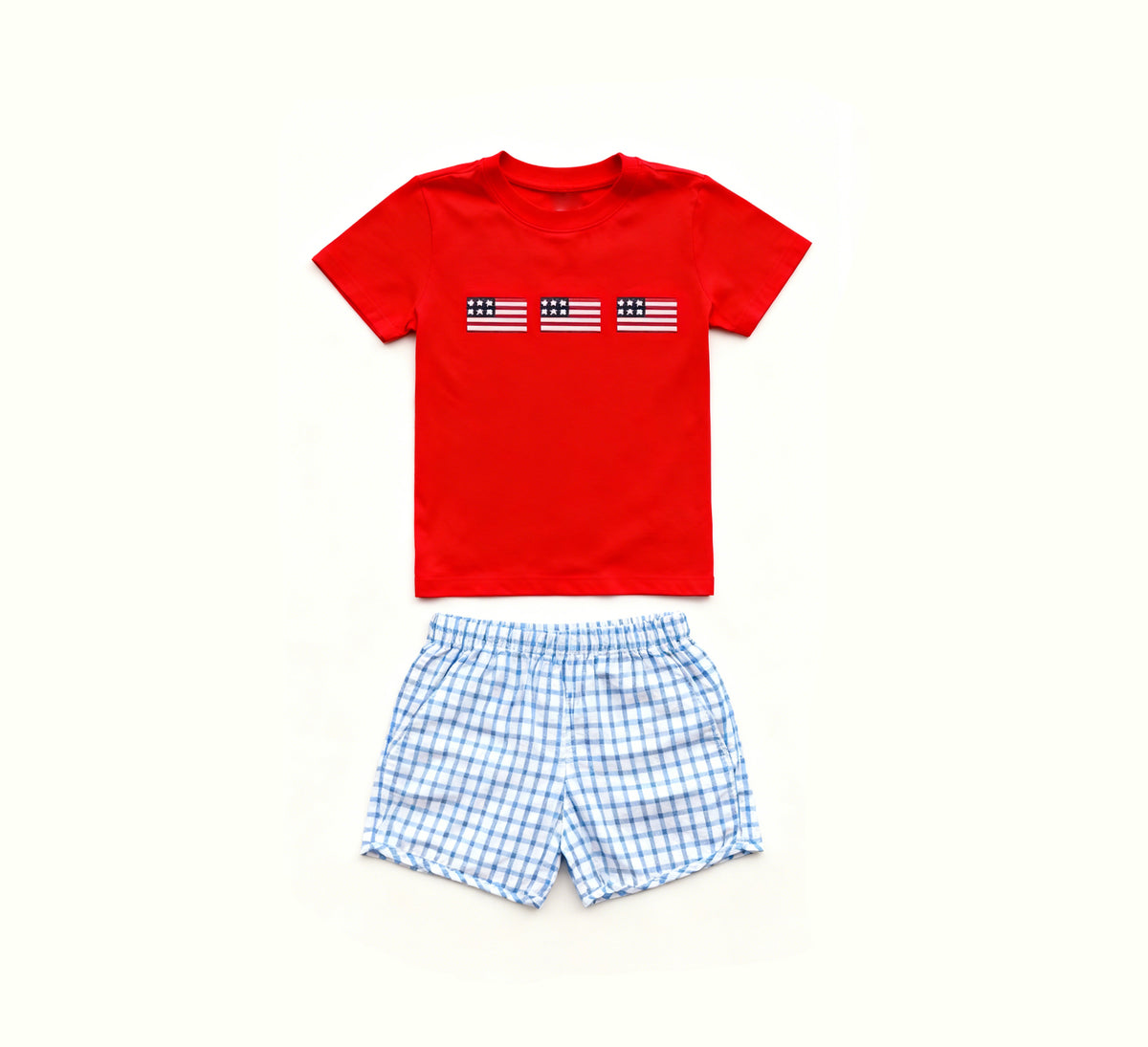 preorder BSSO1742 July 4th Flag Red Short Sleeve Checkered Shorts Boys Set