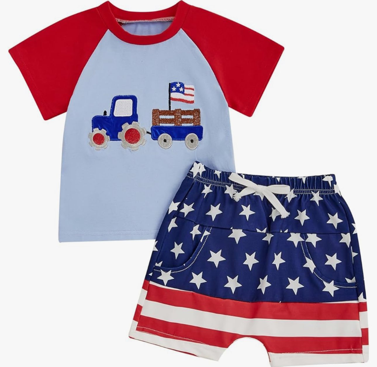 preorder BSSO1747 July 4th Flag Truck Short Sleeve Star Blue Shorts Boys Set