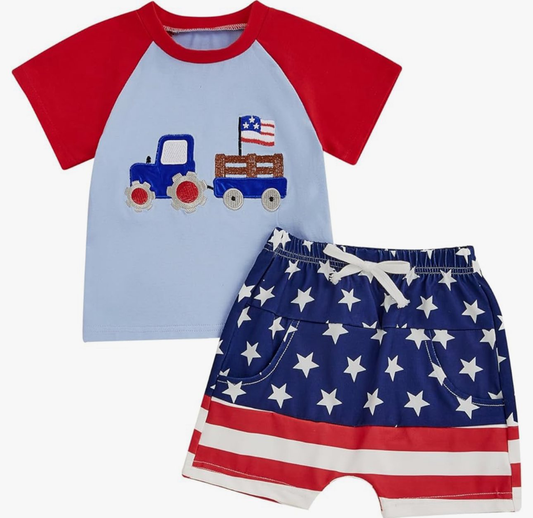 preorder BSSO1747 July 4th Flag Truck Short Sleeve Star Blue Shorts Boys Set
