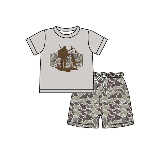preorder BSSO1748 Hunting Daddy Mallard Duck Dog Short Sleeve Camo Shorts Boys Set