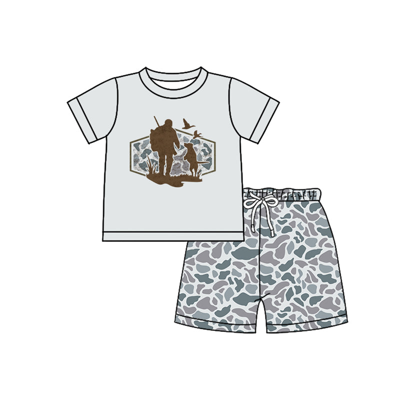 preorder BSSO1750 Hunting Daddy Mallard Duck Dog Short Sleeve Camo Shorts Boys Set