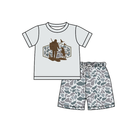 preorder BSSO1750 Hunting Daddy Mallard Duck Dog Short Sleeve Camo Shorts Boys Set