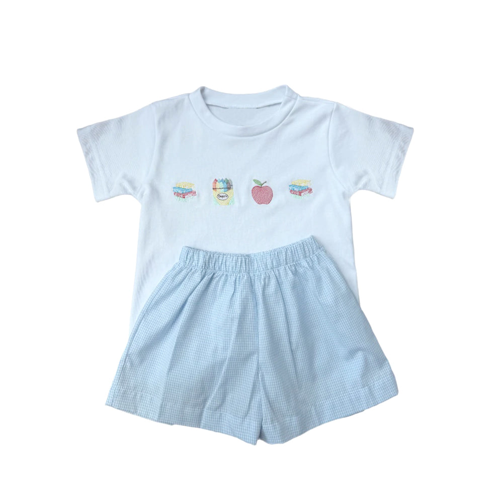 preorder BSSO1755 Back To School Apple Book Blue Short Sleeve Shorts Boys Set