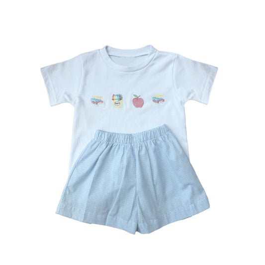 preorder BSSO1755 Back To School Apple Book Blue Short Sleeve Shorts Boys Set