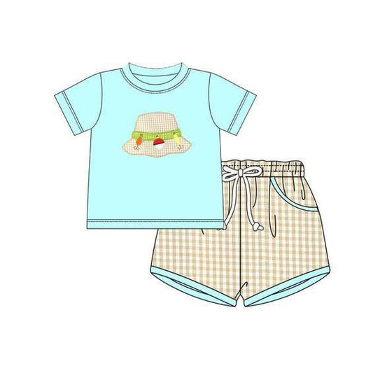 preorder BSSO1760 Fishing Hat Blue Short  Sleeve Khaki Checkered Shorts Boys Set
