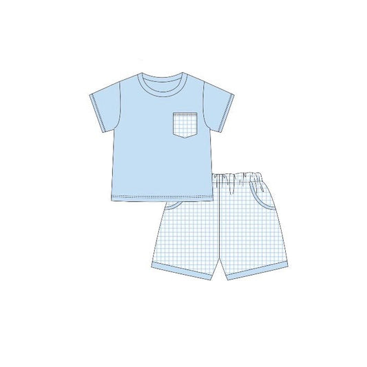 preorder BSSO1762 Blue Pocket Short Sleeve Checkered Shorts Boys Set