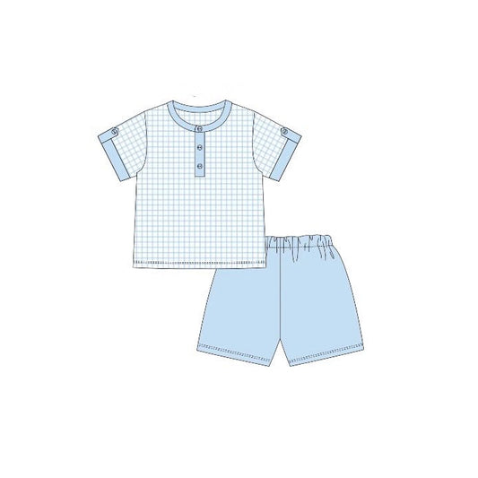 preorder BSSO1763 Blue Checkered Short Sleeve Blue Shorts Boys Set