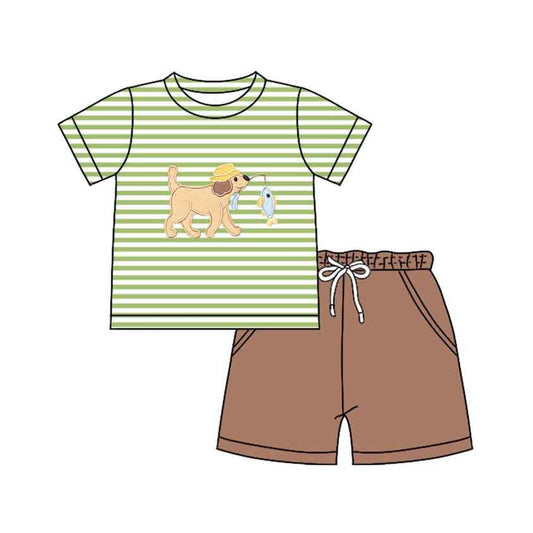 preorder BSSO1768 Fishing Dog Green Striped Short Sleeve Brown Shorts Boys Set