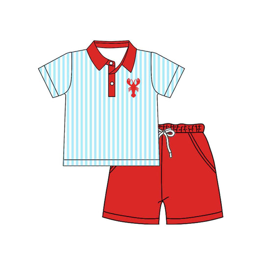 preorder BSSO1770 Crayfish Blue Striped Short Sleeve Red Shorts Boys Set