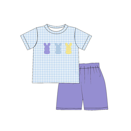 preorder BSSO1771 Easter Bunny Rabbit Blue Checkered Short Sleeve Purple Shorts Boys Set