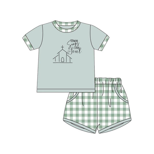 preorder BSSO1772 Easter Then Sings My Love Short Sleeve Checkered Shorts Boys Set