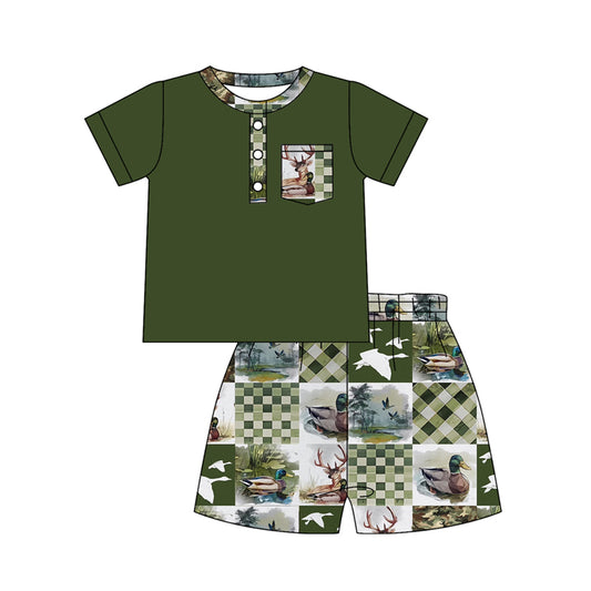 preorder BSSO1788 Hunting Mallard Duck Deer Green Pocket Short Sleeve Shorts Boys Set