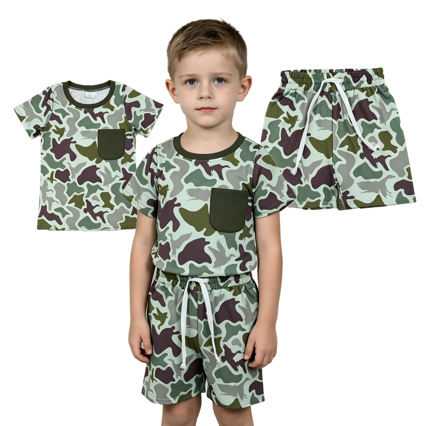 BSSO1793 Hunting Camo Short Sleeve Shorts Boys Set