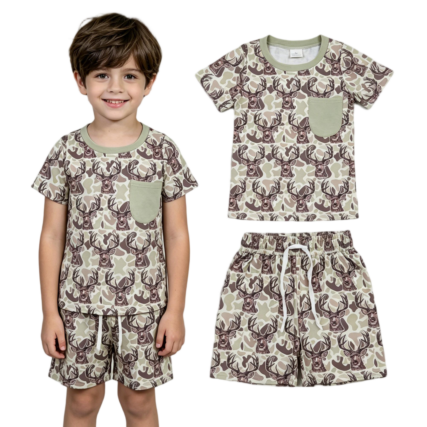 BSSO1794 Hunting Camo Short Sleeve Shorts Boys Set