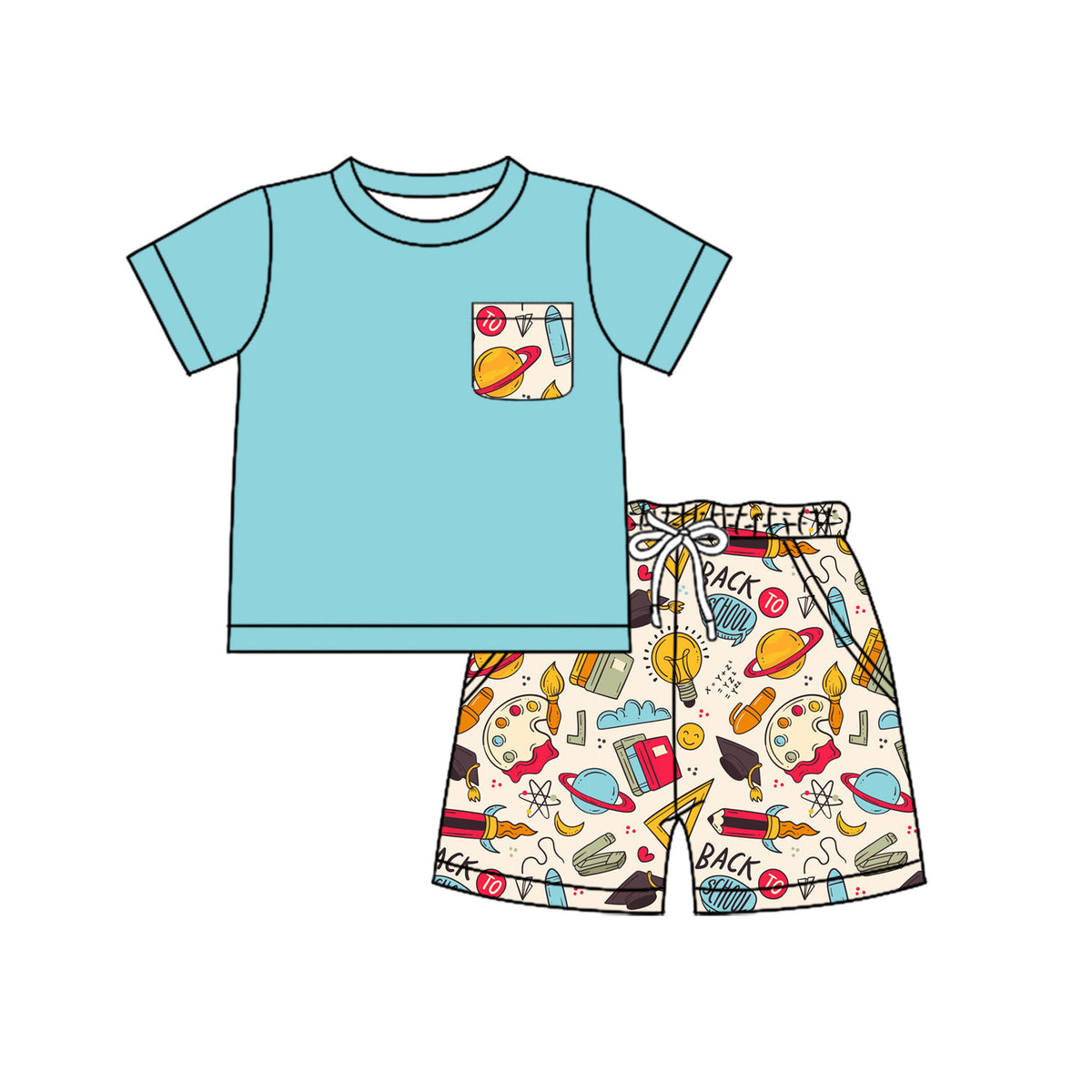 preorder BSSO1800 Back To School Pocket Blue Short Sleeve Shorts Boys Set