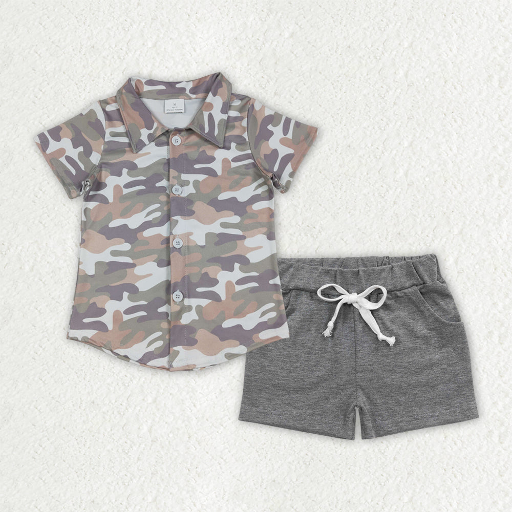 BSSO1803 Hunting Camo Short Sleeve Grey Shorts Boys Set