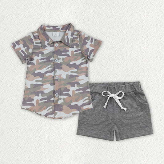 BSSO1803 Hunting Camo Short Sleeve Grey Shorts Boys Set