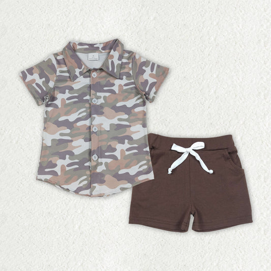 BSSO1804 Hunting Camo Short Sleeve Brown Shorts Boys Set
