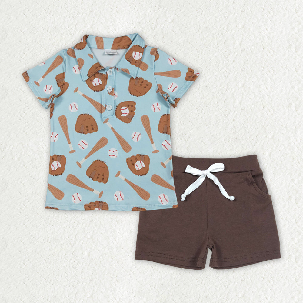 BSSO1805 Baseball Blue Short Sleeve Brown Shorts Boys Set