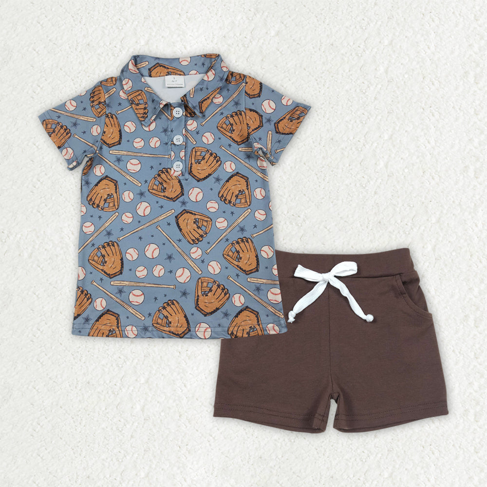BSSO1806 Baseball Blue Short Sleeve Brown Shorts Boys Set