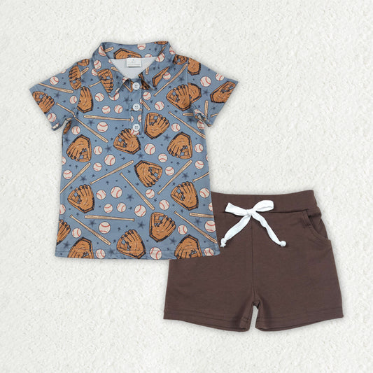 BSSO1806 Baseball Blue Short Sleeve Brown Shorts Boys Set