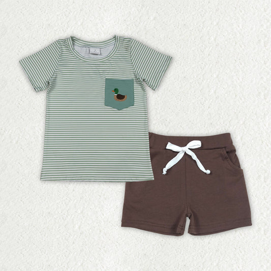 BSSO1807 Mallard Duck Pocket Short Sleeve Brown Shorts Boys Set