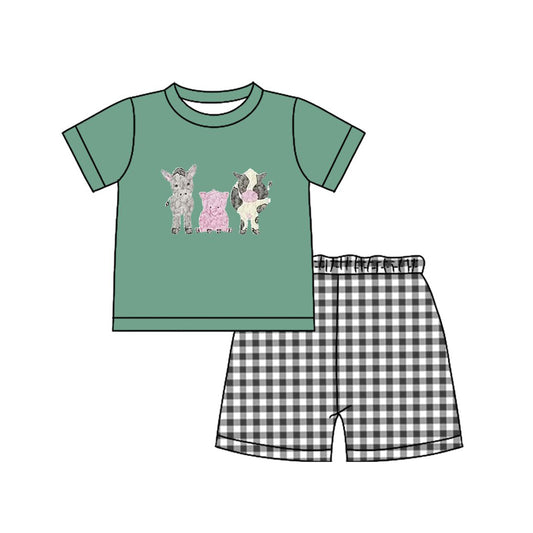 preorder BSSO1812 Farm Horse Pig Cow Green Short Sleeve Checkered Shorts Boys Set