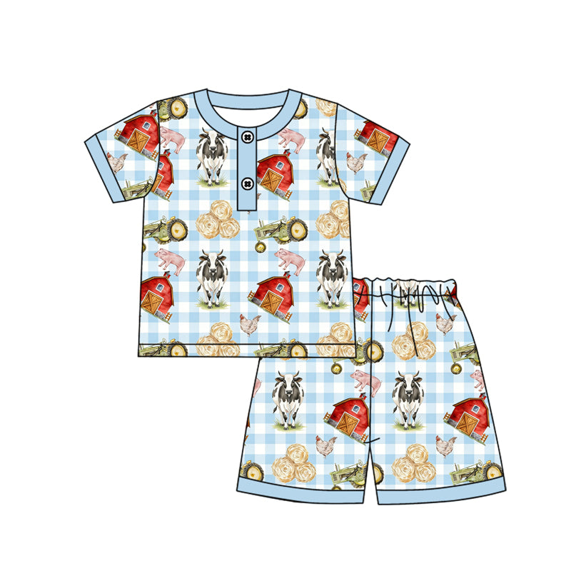 preorder BSSO1813 Farm Cow Tractor House Short Sleeve Shorts Boys Set