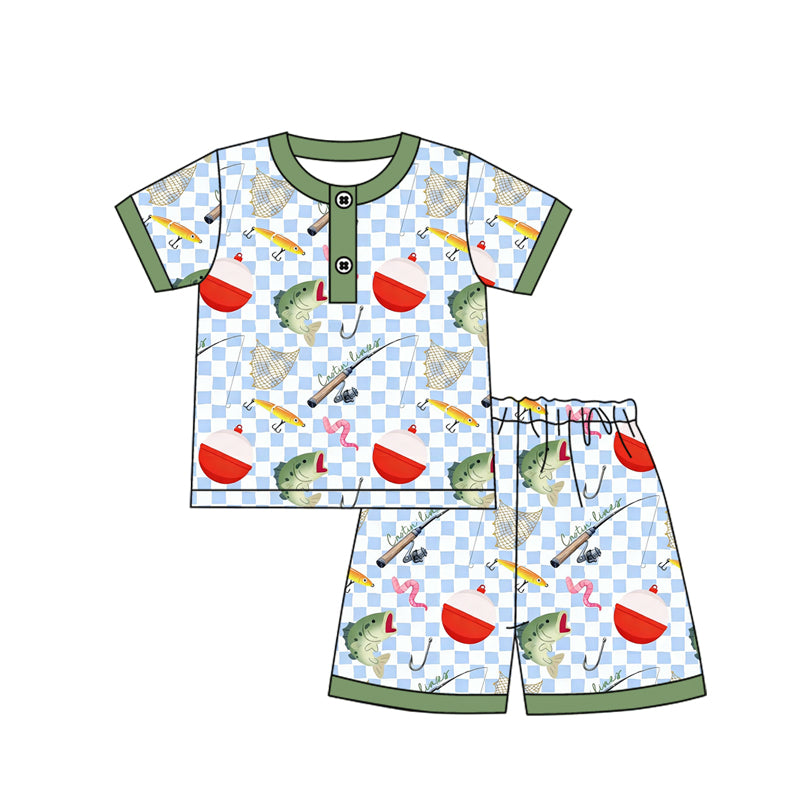 preorder BSSO1815 Fishing Green Blue Checkered Short Sleeve Shorts Boys Set