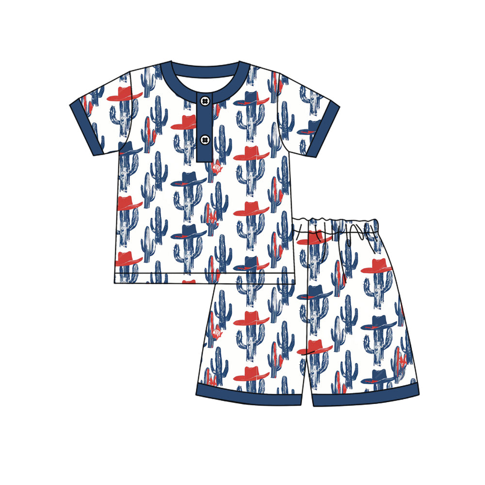 preorder BSSO1822 July 4th Western Cactus Red Short Sleeve Shorts Boys Set