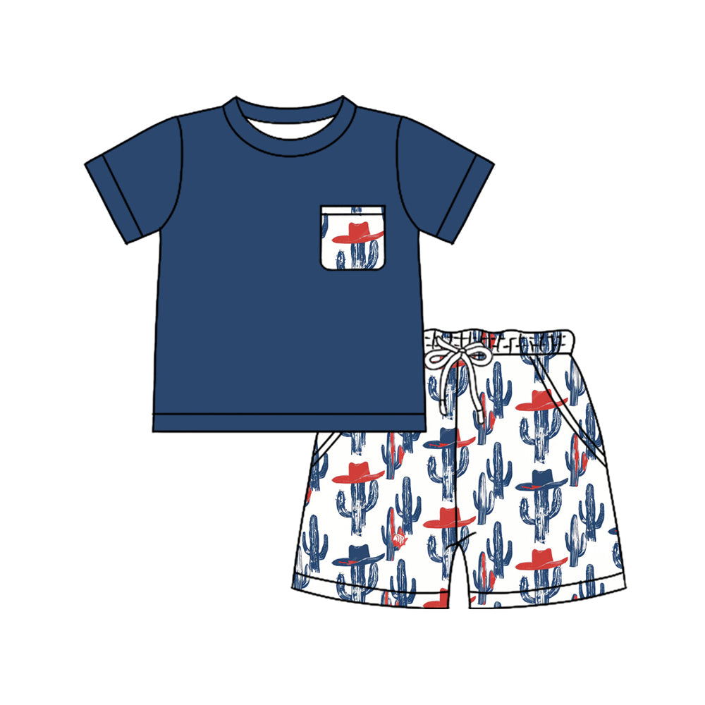 preorder BSSO1823 July 4th Western Cactus Pocket Short Sleeve Shorts Boys Set