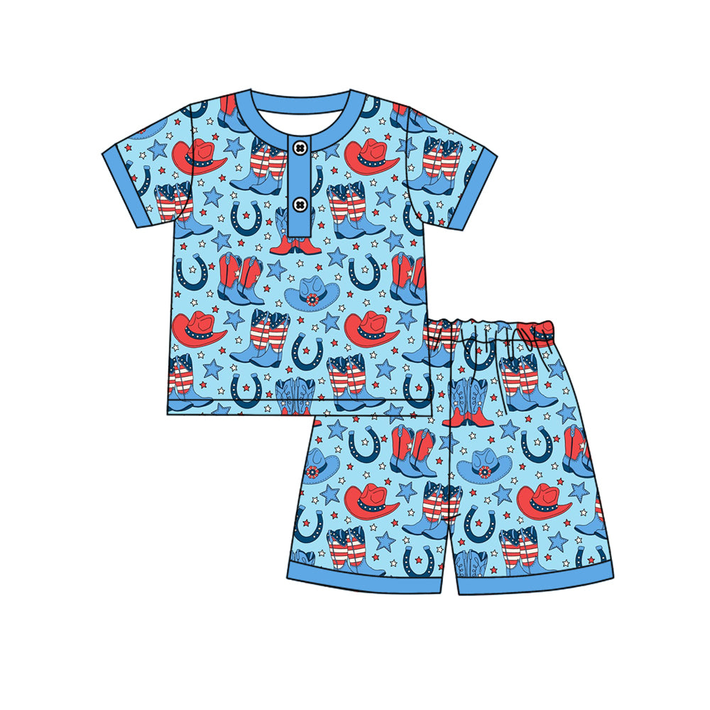 preorder BSSO1828 July 4th Boots Hat Blue Short Sleeve Shorts Boys Set