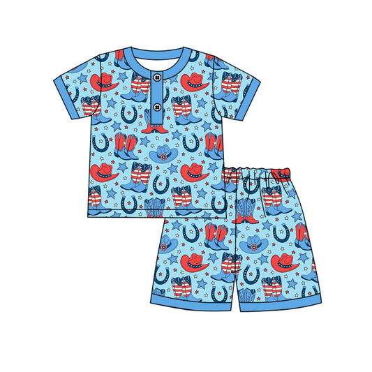preorder BSSO1828 July 4th Boots Hat Blue Short Sleeve Shorts Boys Set