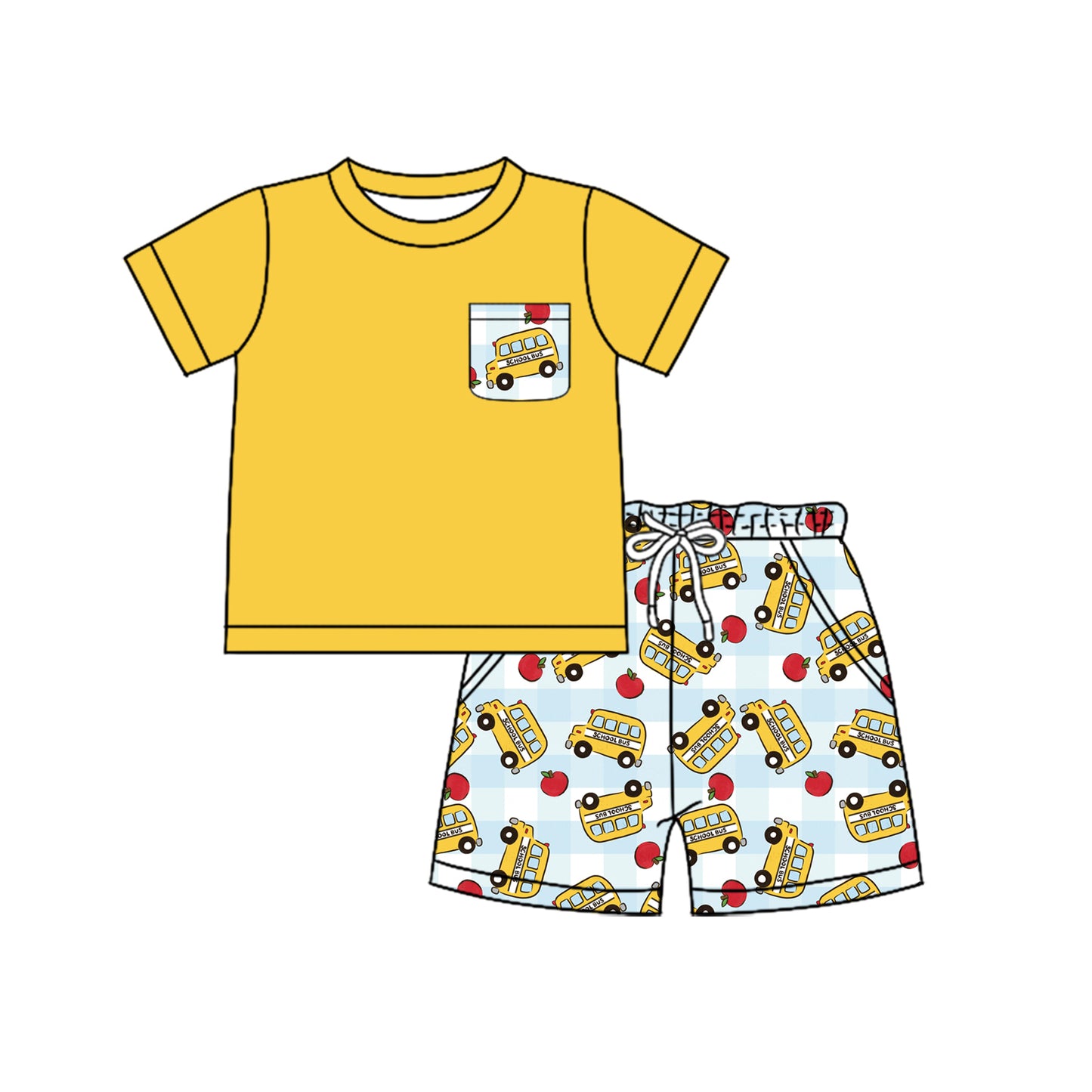 preorder BSSO1830 Back To School Bus Yellow Pocket Short Sleeve Shorts Boys Set